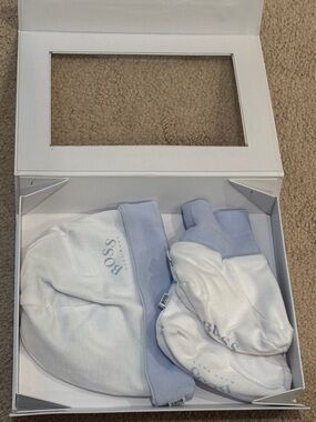 Boss White and Light Blue Baby Hat & Booties Gift Set